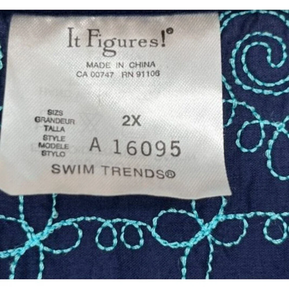 It Figures! Swim Cover Up Tunic Womens Size 2X Navy Blue Embroidered Cotton Boho
